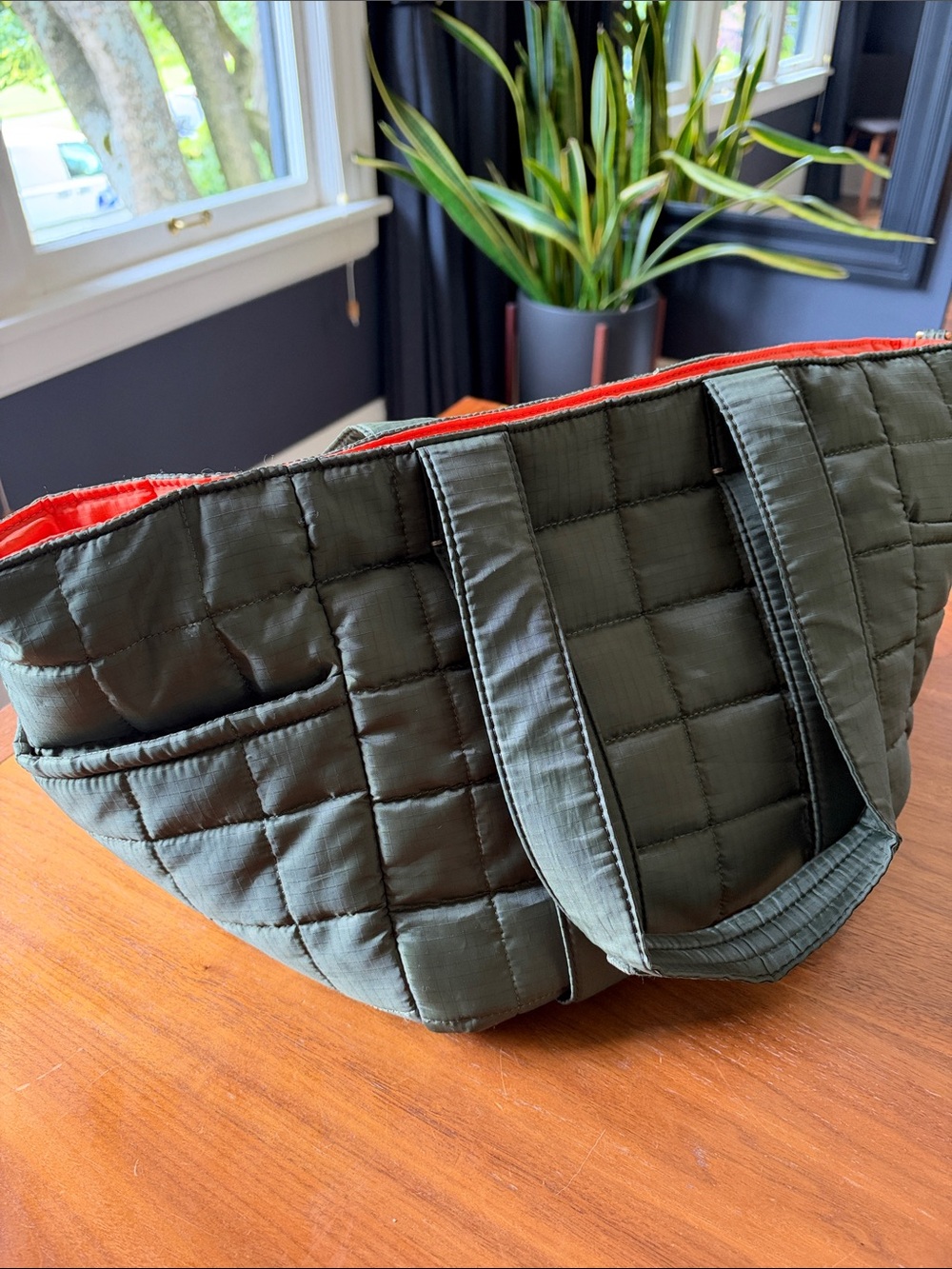 Clare V Le Box Tote Sportif Olive Ripstop with Orange Interior